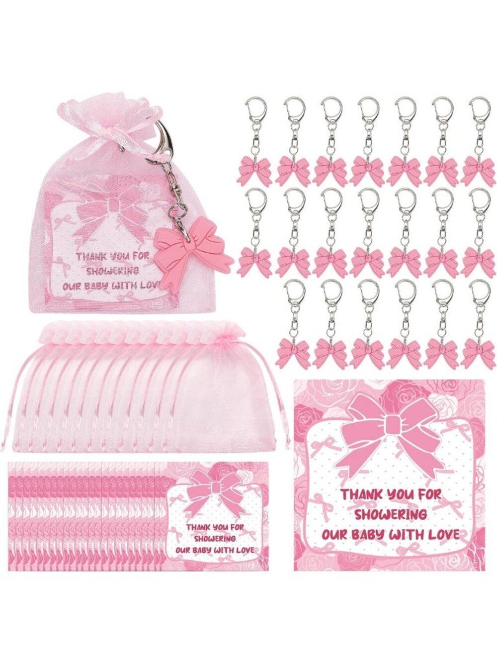 40 Baby Shower Favor Sets - Pink Bow Keychain Gift with Organza Bags & Tags